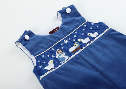 Boys Royal Blue Corduroy Nativity Smocked Overalls