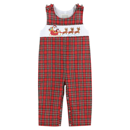 Boys Red Christmas Plaid Santa Sleigh Smocked Overalls