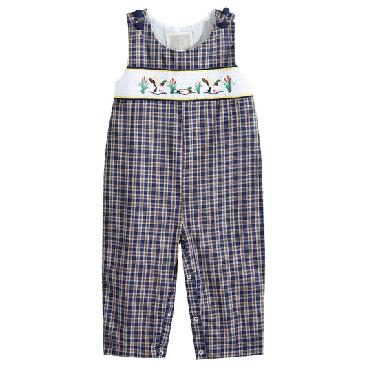 Baby Blue Flannel Plaid Mallard Smocked Overalls