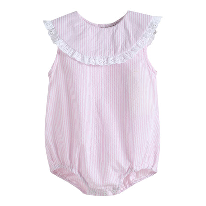 Baby Girl Light Pink Seersucker Collared Bubble Romper