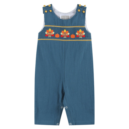 Baby Boy Cobalt Blue Turkey Smocked Overalls