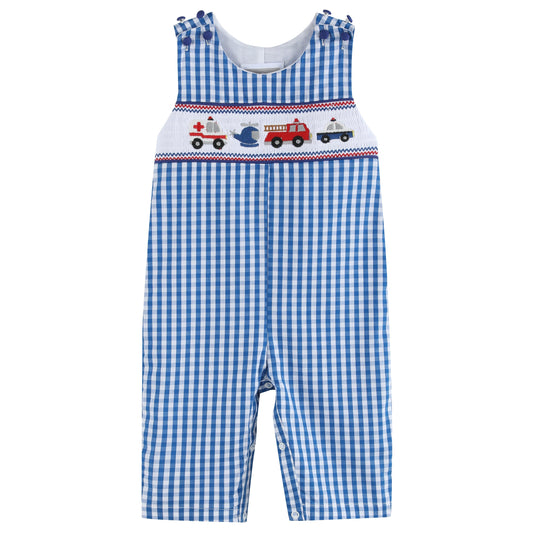 Baby Boys Dark Blue Gingham Emergency Vehicle Smocked Overalls