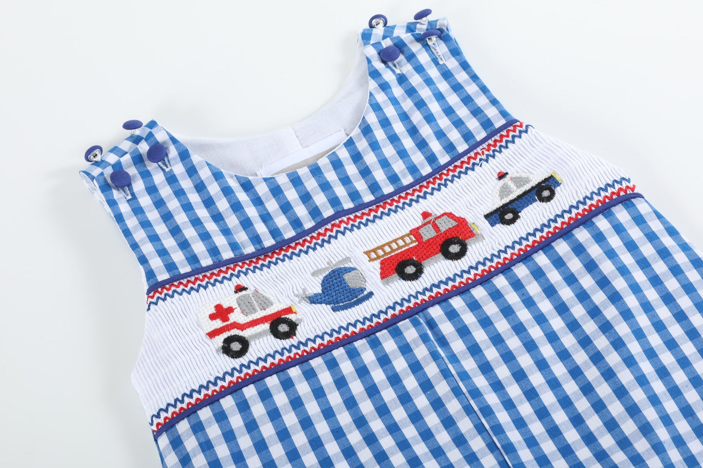 Baby Boys Dark Blue Gingham Emergency Vehicle Smocked Overalls