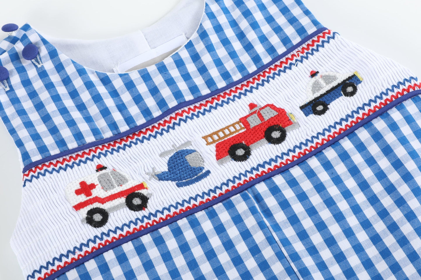 Baby Boys Dark Blue Gingham Emergency Vehicle Smocked Overalls