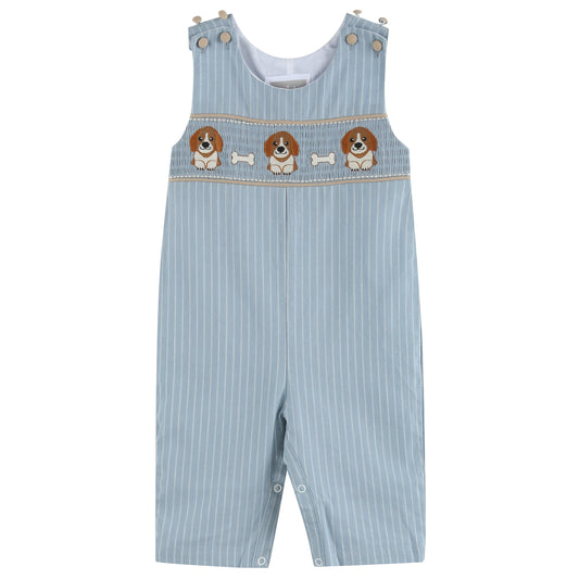 Boys Light Blue Puppy Smocked Overalls