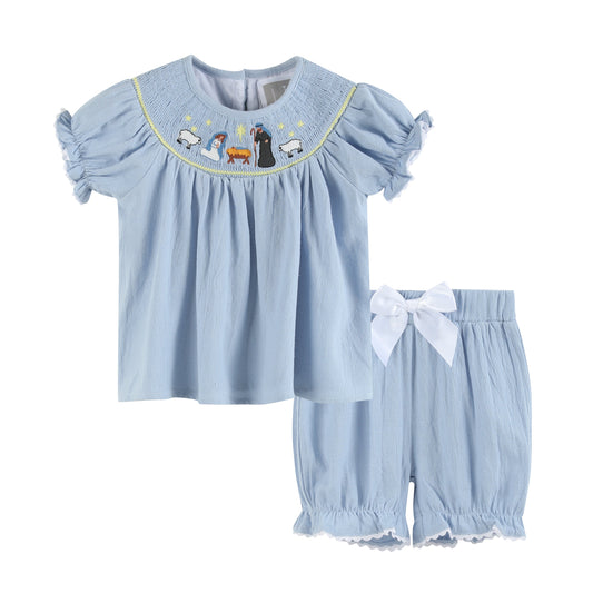 Baby Girl Light Blue Nativity Smocked Dress and Bloomers Set