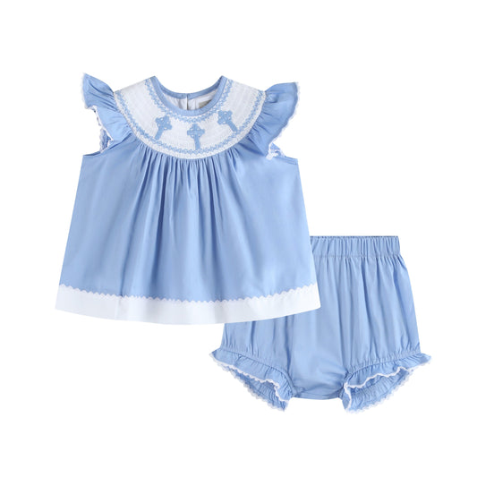 Baby Girl Periwinkle Blue Crosses Smocked Dress and Bloomers Set