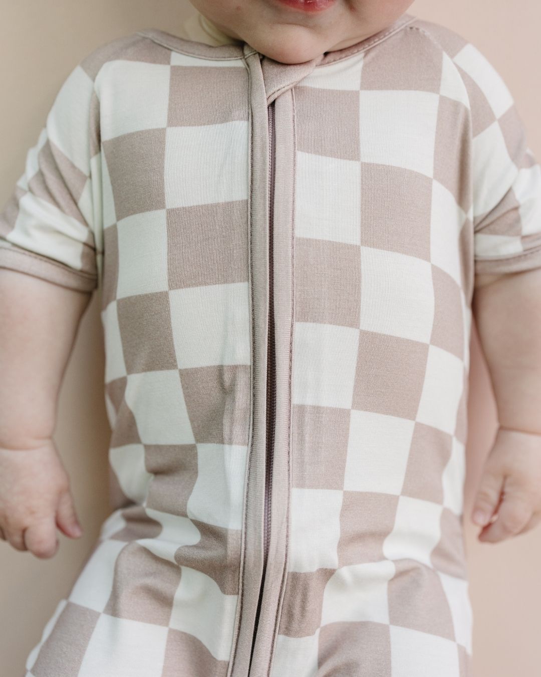 Latte Checkered Bamboo Shorty Baby Romper