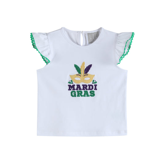 Girls White Mardi Gras Applique Ruffle Shirt