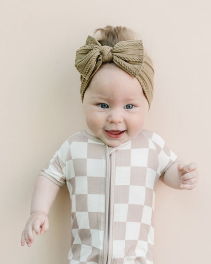 Latte Checkered Bamboo Shorty Baby Romper