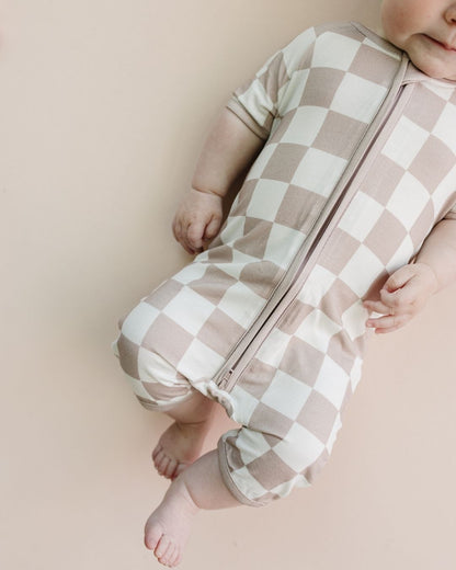 Latte Checkered Bamboo Shorty Baby Romper