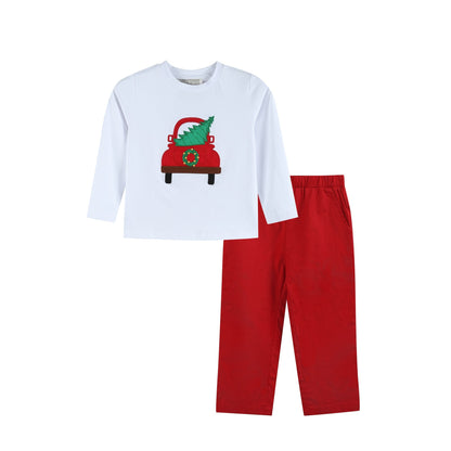 Boys White Christmas Tree Truck Shirt and Red Pants Set