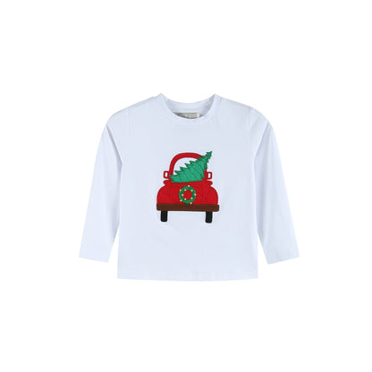 Boys White Christmas Tree Truck Shirt and Red Pants Set