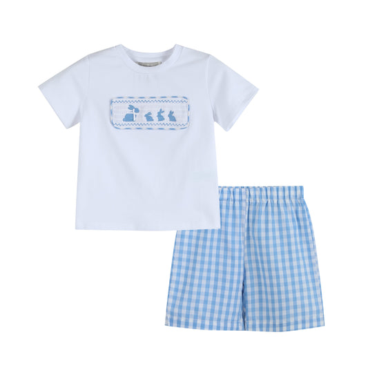 Boys Bunny Family Smocked Tee and Blue Gingham Shorts Set