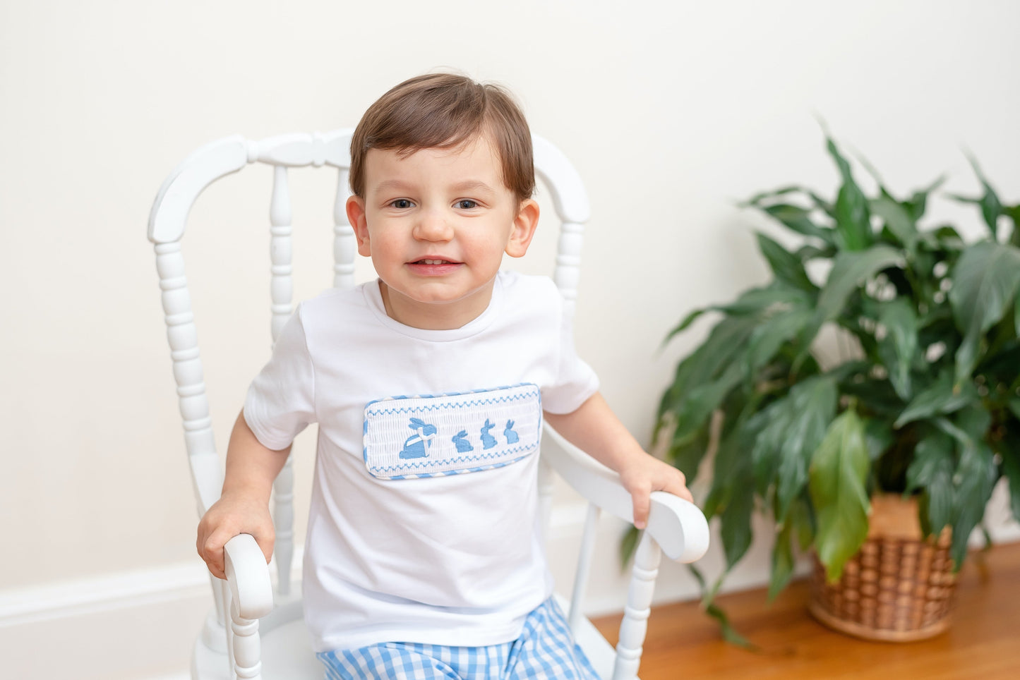 Boys Bunny Family Smocked Tee and Blue Gingham Shorts Set