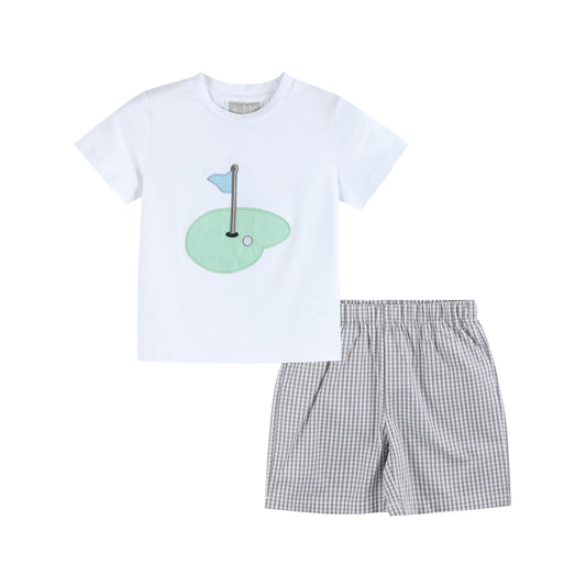 Boys Gray Gingham Golf Tee and Short Set