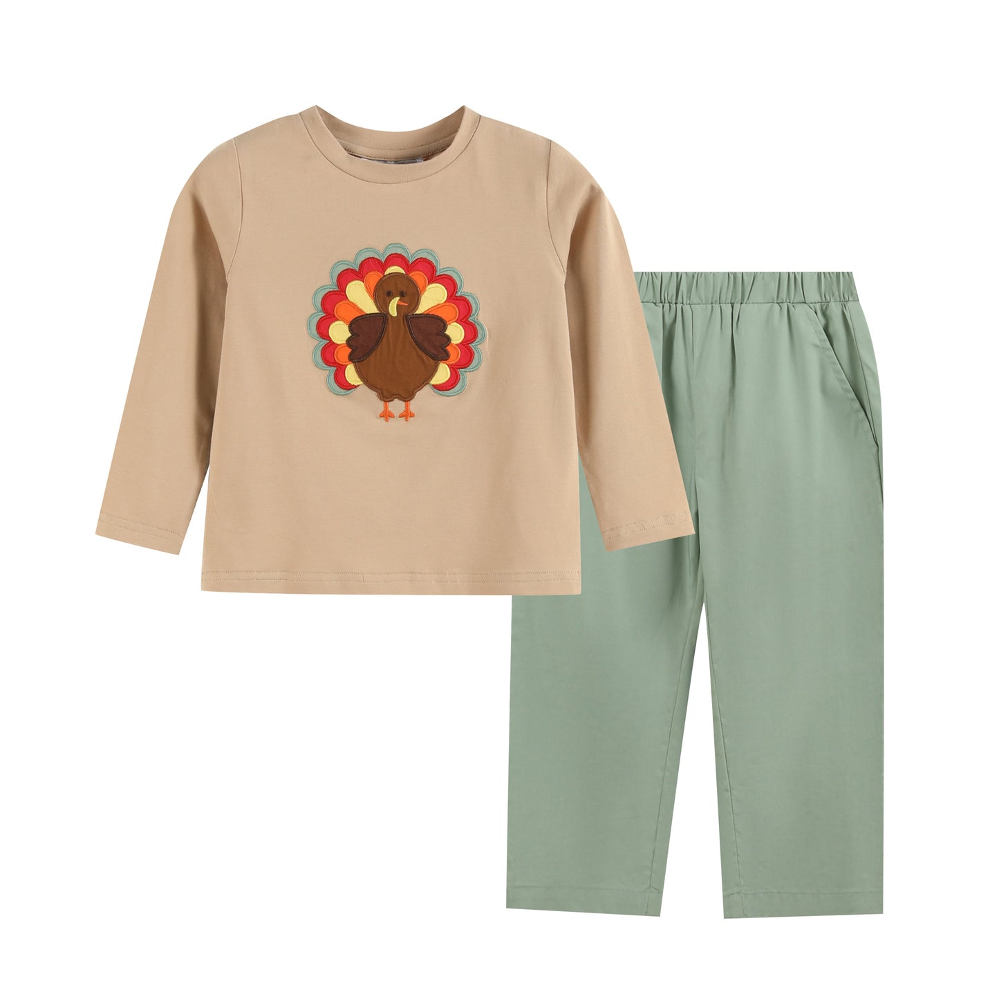 Boys Light Brown Turkey Shirt and Sage Green Pants Set