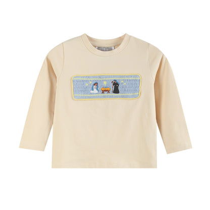 Boys Light Brown Nativity Smocked Shirt and Blue Pants