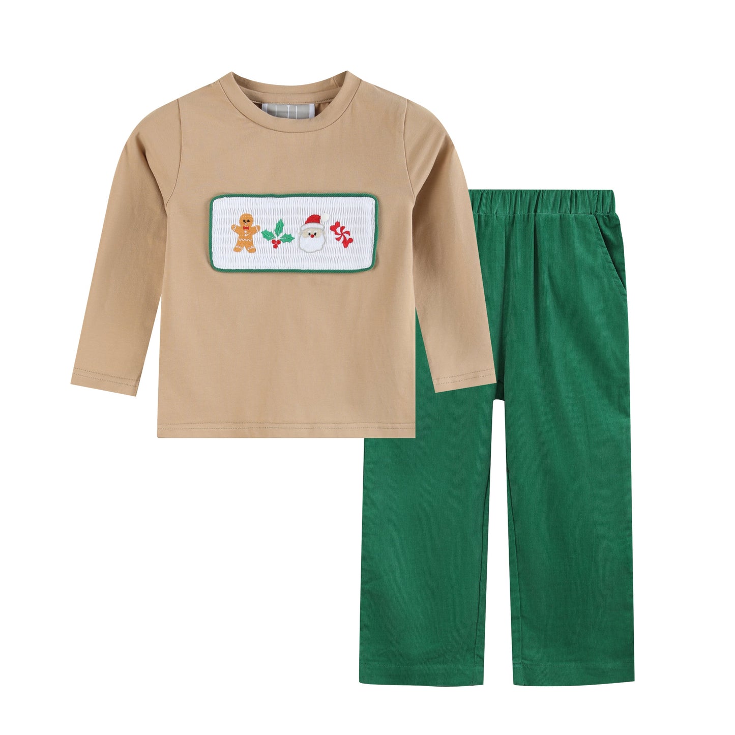 Boys Light Brown Christmas Smocked Shirt and Green Corduroy Pants Set