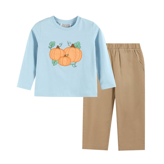 Boys Blue Pumpkin Shirt and Brown Pants Set