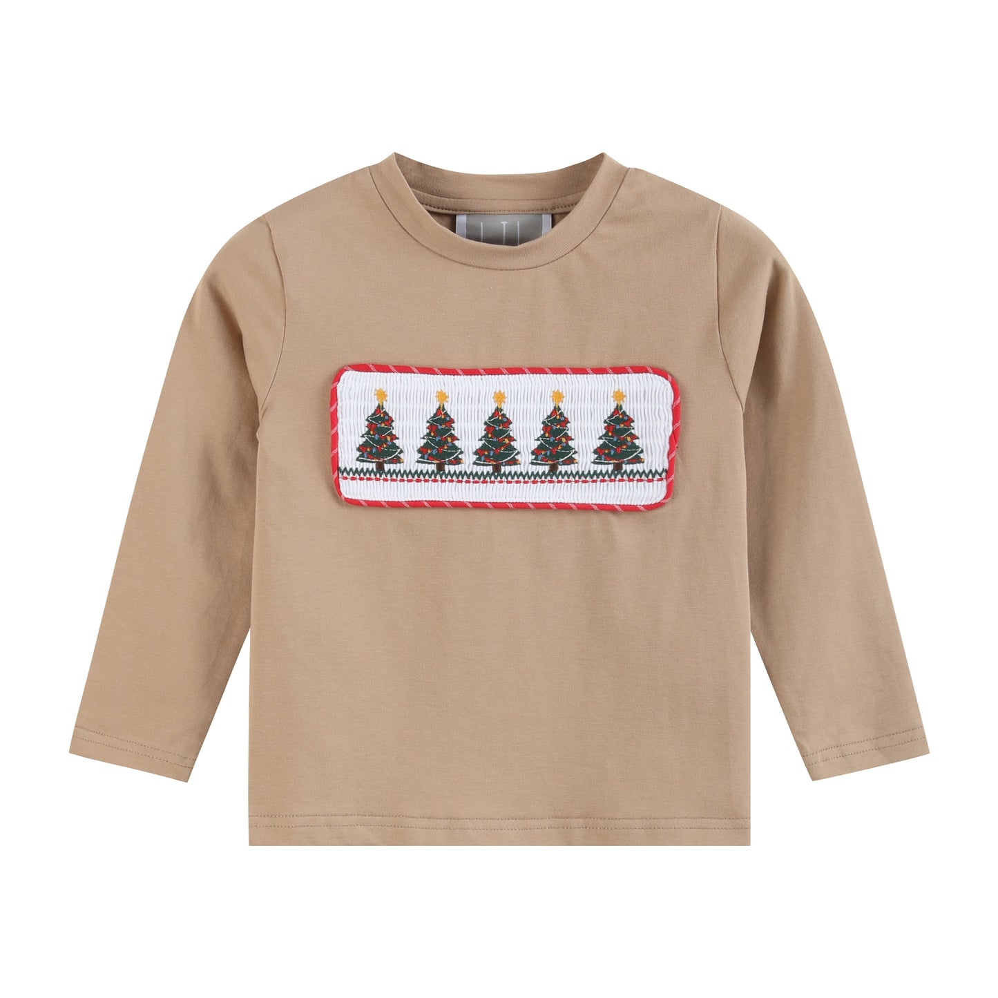 Boys Light Brown Christmas Tree Smocked Shirt