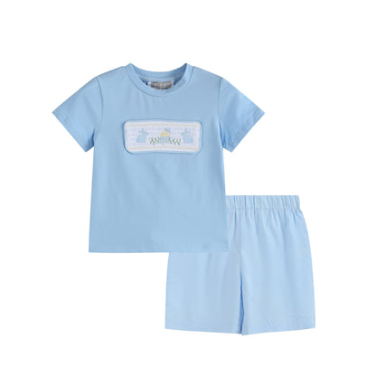 Boys Light Blue Easter Smocked T-Shirt and Shorts Set