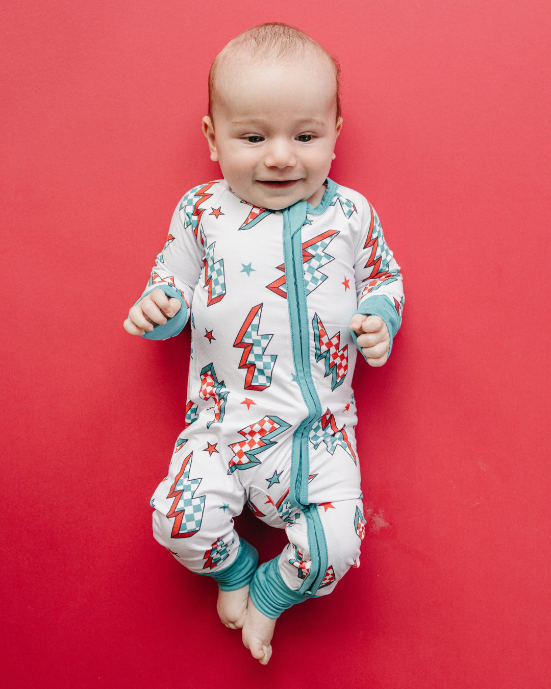 Baby Checkered Bolts Bamboo Zip Pajama Romper