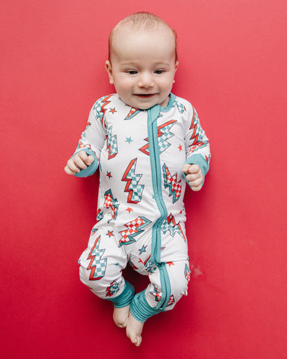 Baby Checkered Bolts Bamboo Zip Pajama Romper