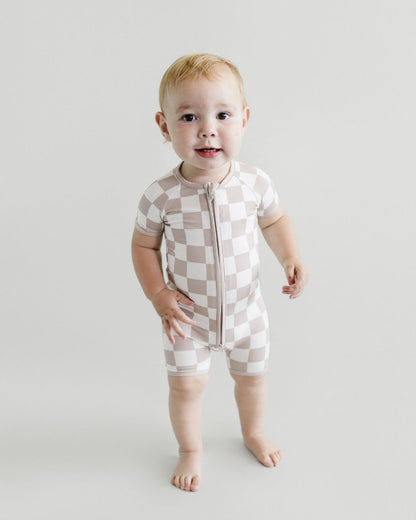 Latte Checkered Bamboo Shorty Baby Romper