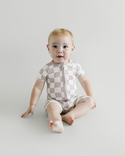 Latte Checkered Bamboo Shorty Baby Romper