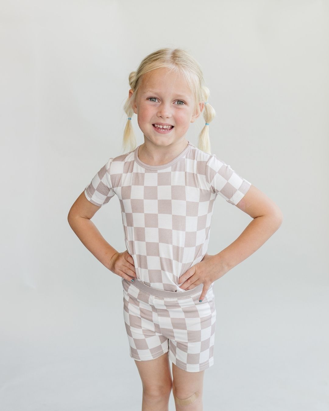 Latte Checkered Bamboo Two Piece Shorts Pajama Set