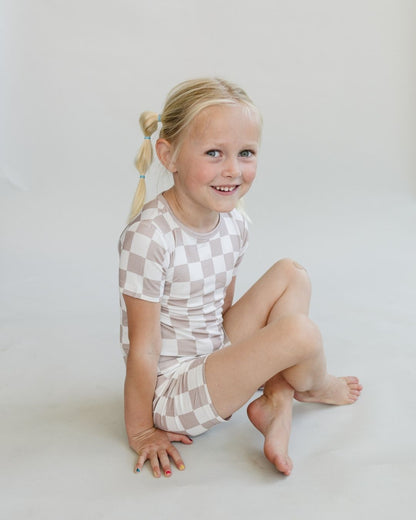 Latte Checkered Bamboo Two Piece Shorts Pajama Set