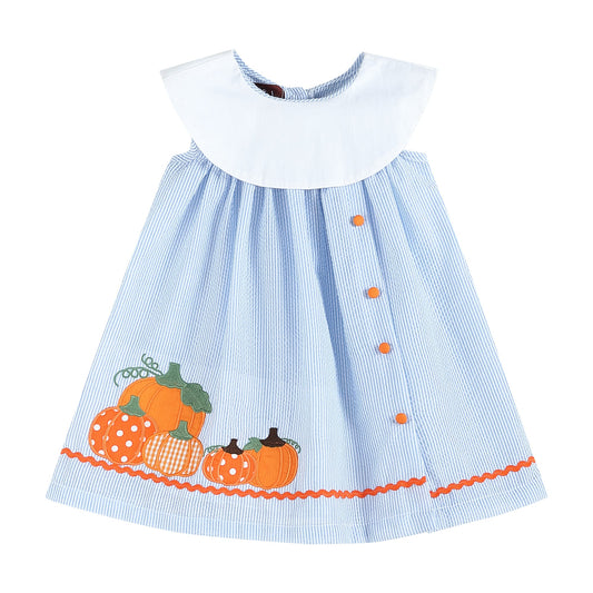 Girls Light Blue Seersucker Pumpkin Yoke Dress