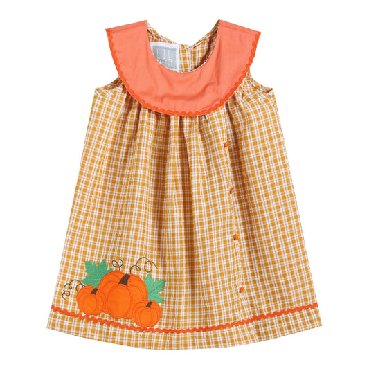 Girls Orange Gingham Pumpkin Yoke Dress