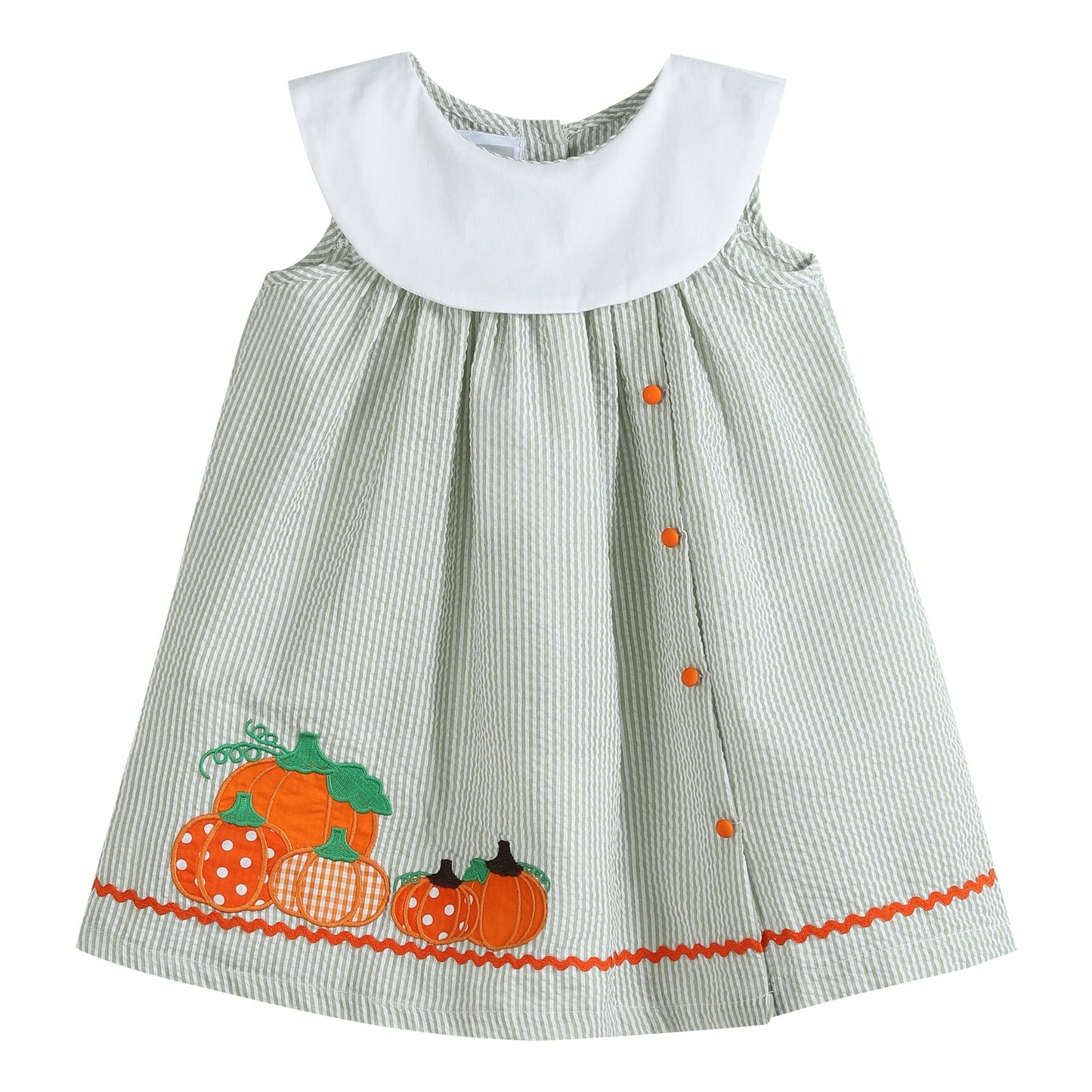 Green Seersucker Pumpkin Girls Yoke Dress