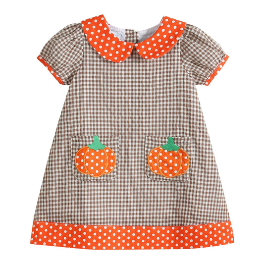 Girls Brown Gingham and Orange Pumpkin A-Line Dress