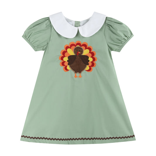 Girls Sage Green Dress with Turkey Appliqué and Collar