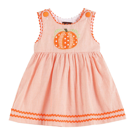 Girls Orange Pinstripe Pumpkin Embroidered A-Line Dress