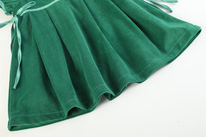 Girls Green Velour and Satin Bow Christmas Dress