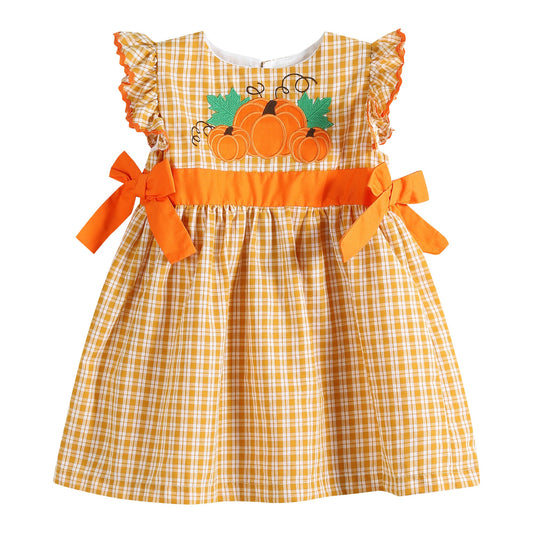 Girls Orange Gingham Ruffle Dress with Pumpkin Appliqué and Bow Accents