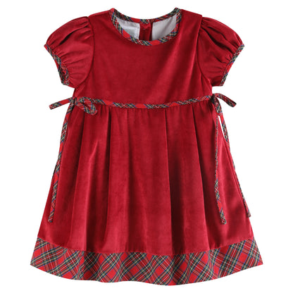 Girls Red Velour and Christmas Plaid Bow Dress