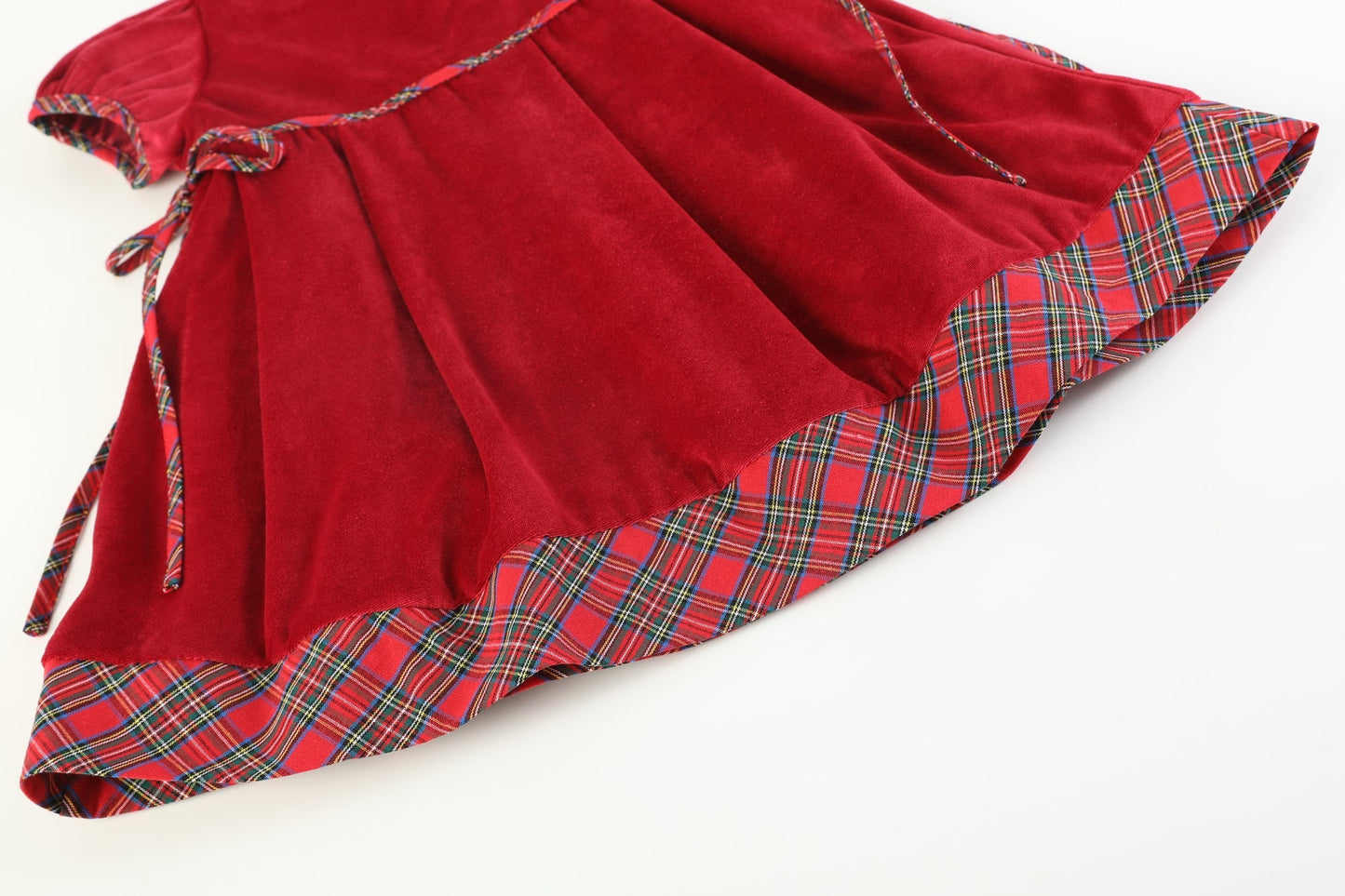 Girls Red Velour and Christmas Plaid Bow Dress