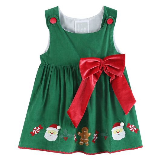 Girls Green Corduroy Christmas Applique Dress