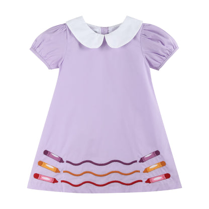 Girls Purple Crayon Back to School Collared Dress