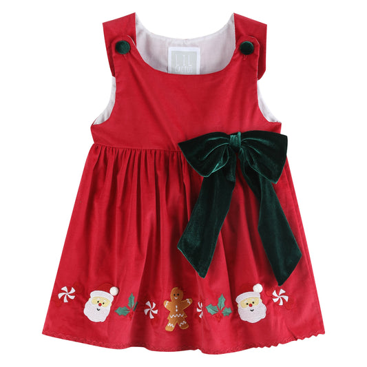 Girls Red Corduroy Christmas Applique Big Bow Dress