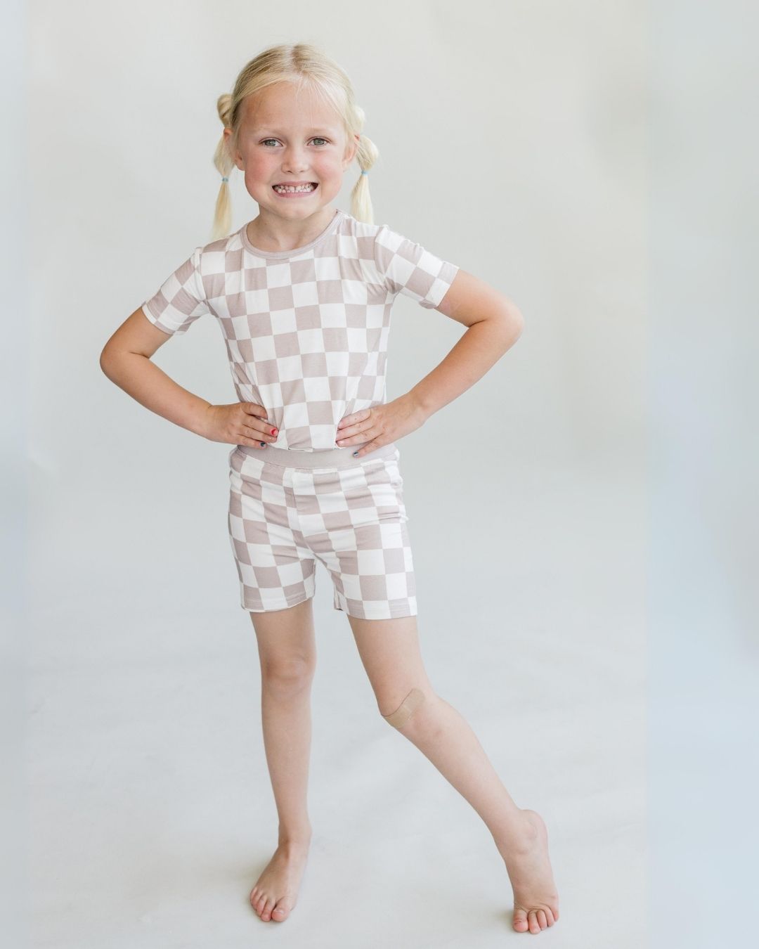 Latte Checkered Bamboo Two Piece Shorts Pajama Set