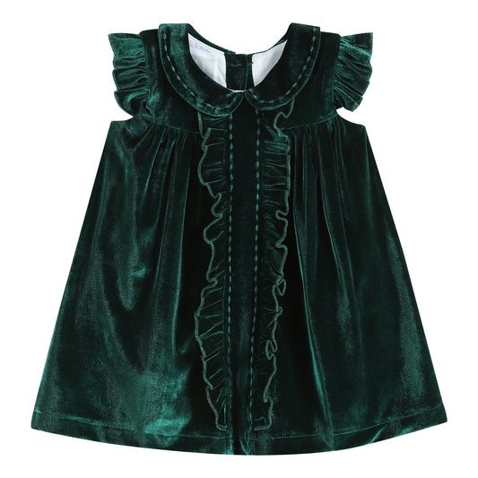 Girls Green Velour Flutter Sleeve Dress