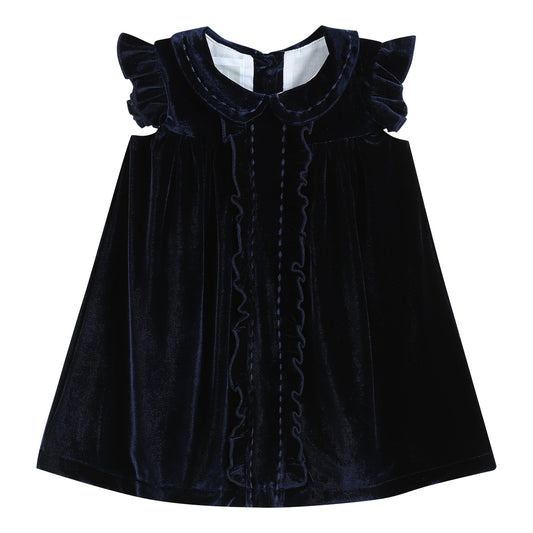 Girls Navy Blue Velour Flutter Sleeve Dress