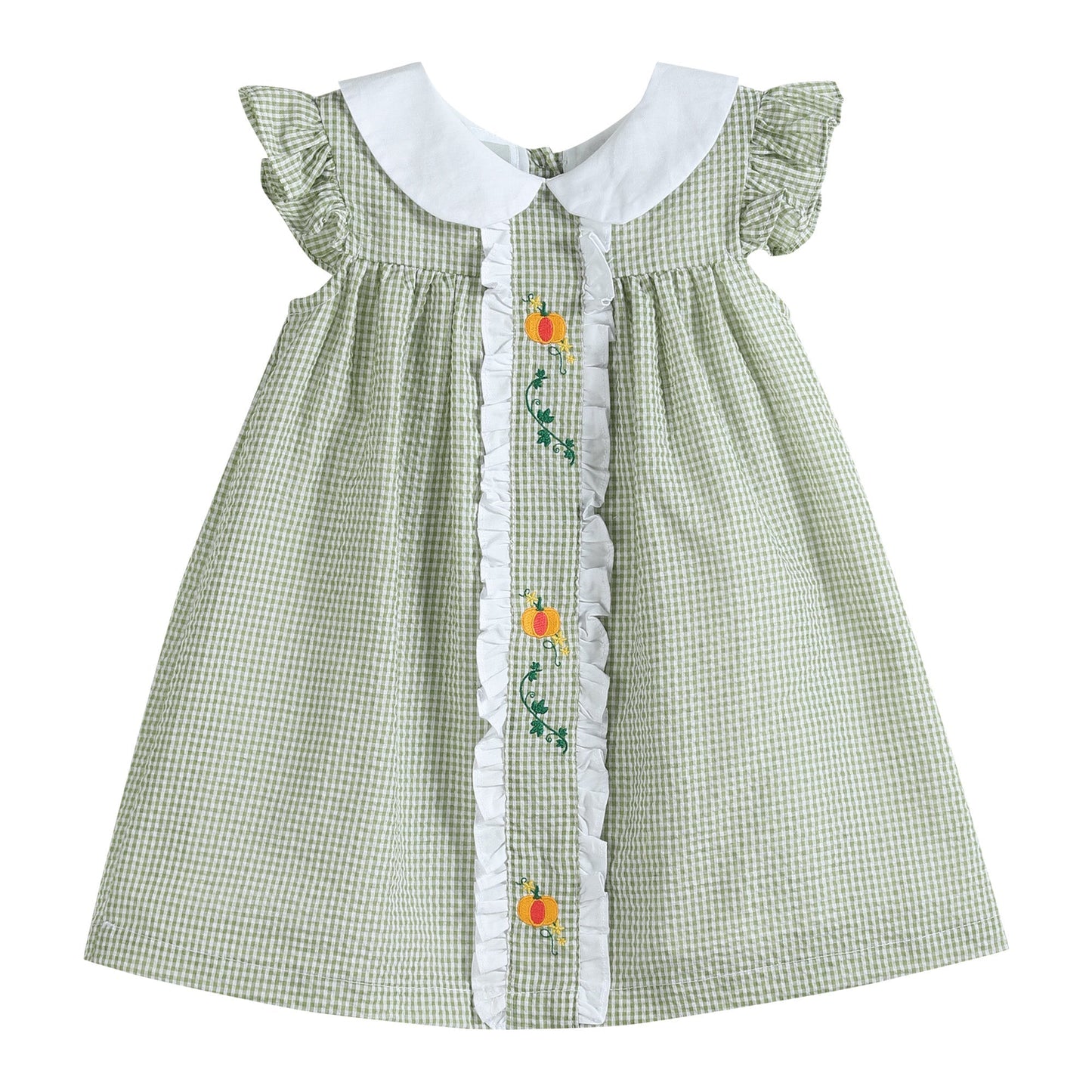 Girls. Green Gingham Pumpkin Peter Pan Collar Dress