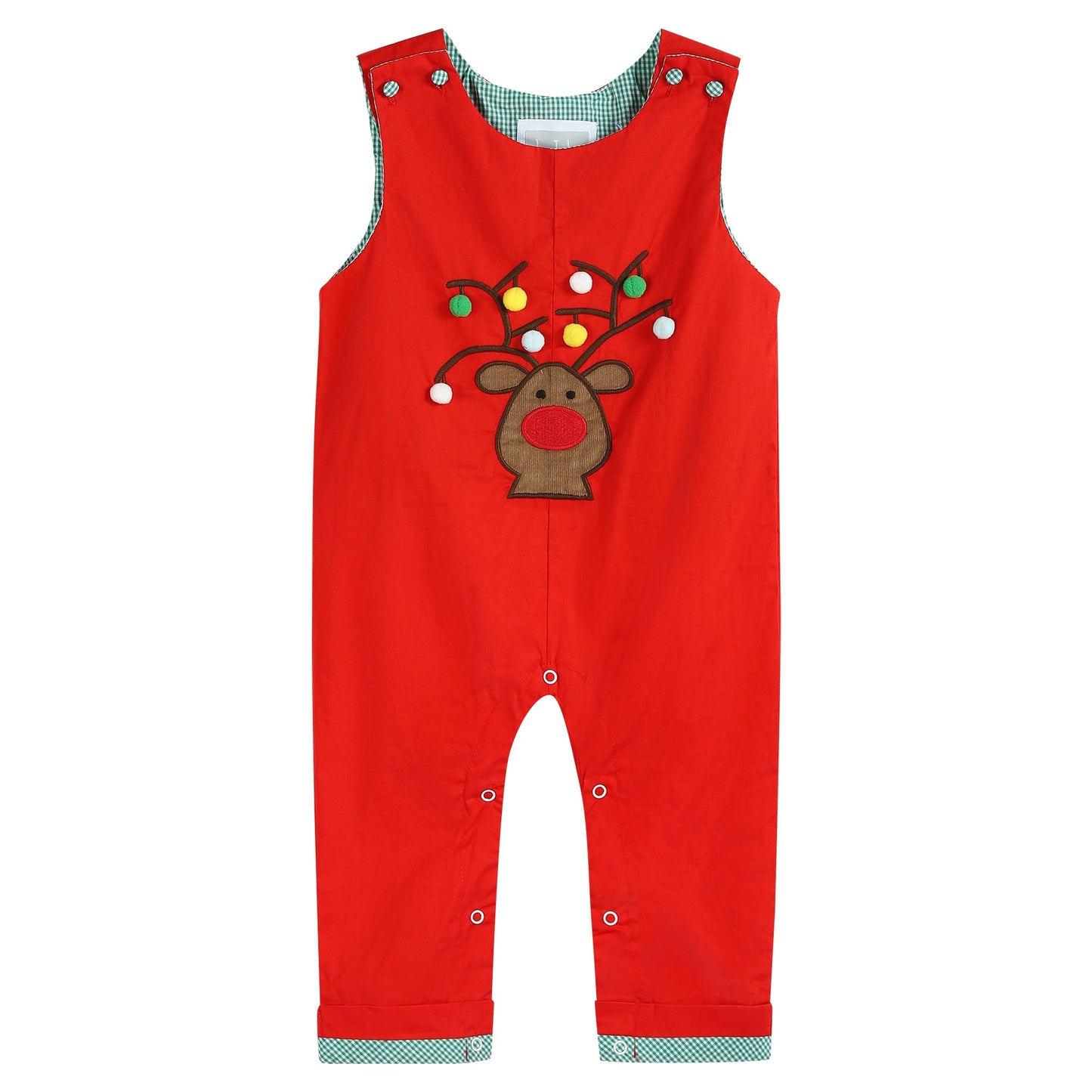 Christmas Plaid Reindeer Pompom Boys Overalls